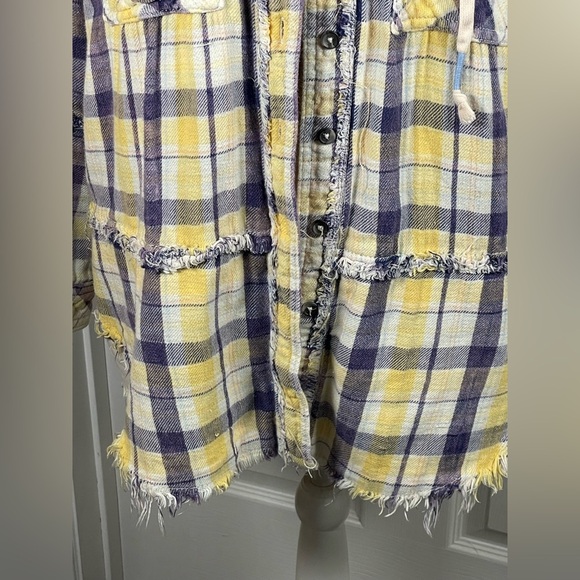 FREE PEOPLE Calico Basin Plaid Hooded Shacket Ivory Blue Combo Medium - Picture 8 of 14